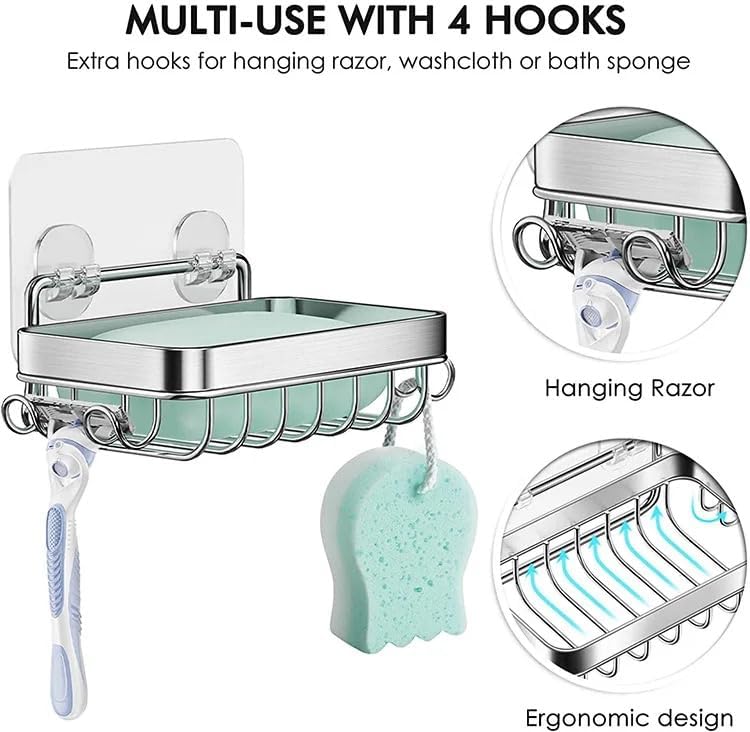 Image of Strong Self Adhesive Wall Mounted Bath Soap Holder with 4 Hooks for Bathroom Kitchen Wash Basin, 304 Stainless Steel, Waterproof, RustProof, Quick Drying (3, Silver)