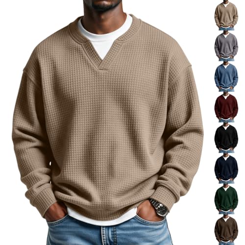 Waffle Knit Pullover Men V Neck Faux Layered Waffle Knit Pullover Men - image 1