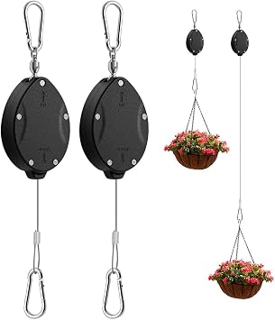 Retractable Hanging Plant Pulley - 63" Adjustable Stainless Steel Rope Hook for Hanging Pots, Bird Feeders & Storage | Heavy Duty 33lb Capacity, Rustproof Indoor/Outdoor Use
