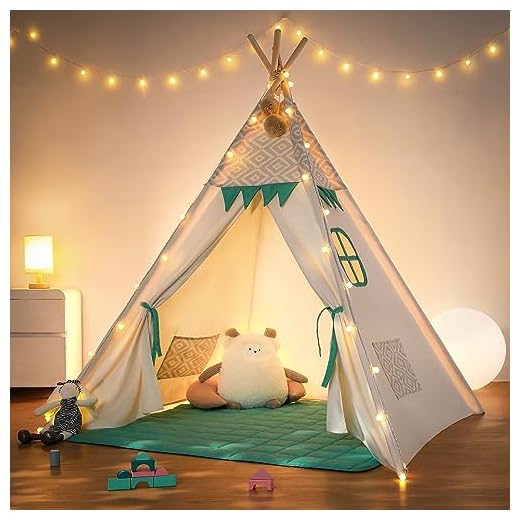 Las Mejores Tiendas de Campaña: Una Guía Definitiva 6 besrey Tipi Infantil Indio para Niños Tienda de Campaña Infantil Canvas Tipi de algodón con Alfombra Acolchado y Luces de Hadas (Verde y Blanco)