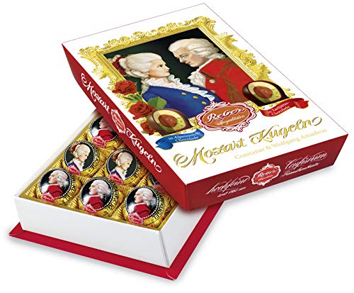 Reber Wolfgang & Constanze Mozart-Kugeln Barock 15er Packung Kugeln aus Zartbitter- Alpenmilch-Schokolade Gefüllt mit Pistazien Marzipan Mandeln Haselnuss-Nougat 300g (15 Stück)