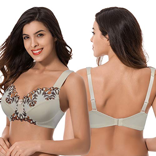 Curve Muse Women's Plus Size Minimizer Wireless Unlined Bra With Embroidery Lace-2Pack-Nude,Blue Light-40Dd #TOP4