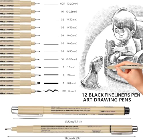 Image of Parssufy 12 Pieces Black Fine Point Pens Set with Different Nib Sizes - Extra Fine Point Type for Calligraphy, Drawing, Writing, Designing, Comic, Waterproof & Quick Drying