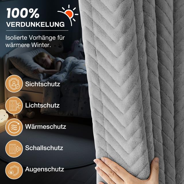 Thermovorhang Kälteschutz Türvorhang, 100% Verdunkelungsvorhänge, Dicker Wärmeschutzvorhang Tür mit kräuselband, Lärmschutzvorhang für Haustür, Schlafzimmer, Wohnzimmer (H245xB140cm, Grau 1 Stück)