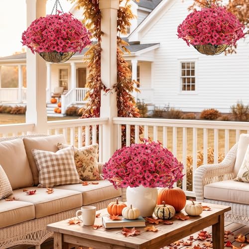 Image of Powbrace 22 Pack Artificial Fall Flowers Mums for Outdoor Indoor(Dark Red)