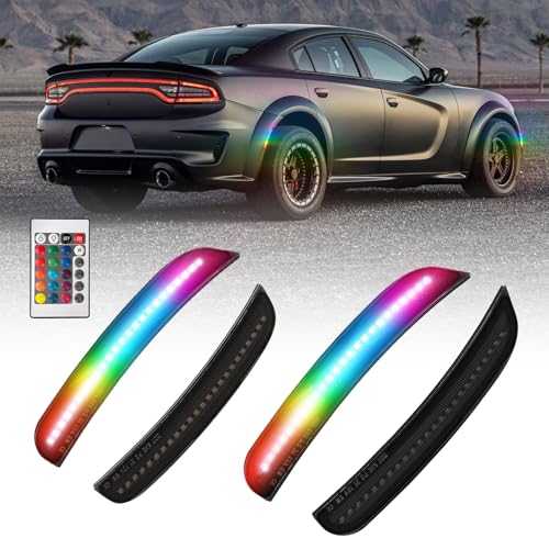 AUTOONE RGB & LED Side Marker Lights for Dodge Charger 2015-2023, Upgraded Smoked Lens Front Rear Corner Parking DRL Lamp, Pack of 4