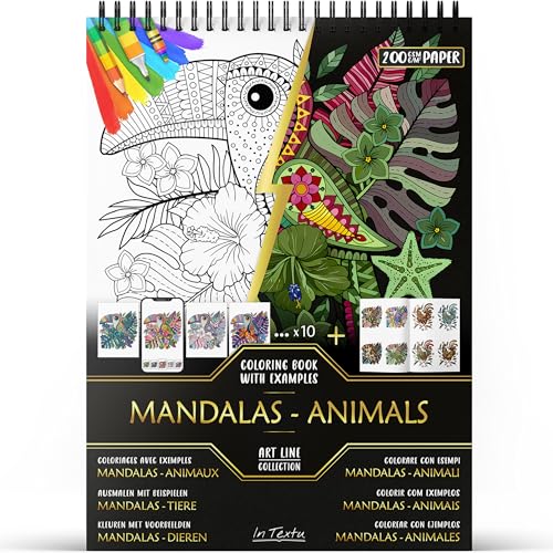 In Textu – Mandala – Animali – Libro da colorare per adulti e adolescenti con esempi colorati ispiratrici – Carta Premium 200 g/m² – rilegatura a spirale fine – quaderno per colorare e rilassarsi.