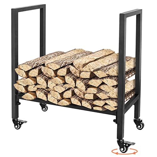 Kaminholzregal Innen und Aussen, Mobile Metall Brennholzregal Außen 68 x 30 x 73CM, Holzstapelhilfe für Kamin & Ofen, Holzunterstand für Kaminholz Innen, Schwarz Cover