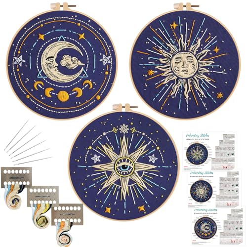Louise Maelys 3 Pack Tarot Sun Moon Embroidery Kit for Beginners Celestial