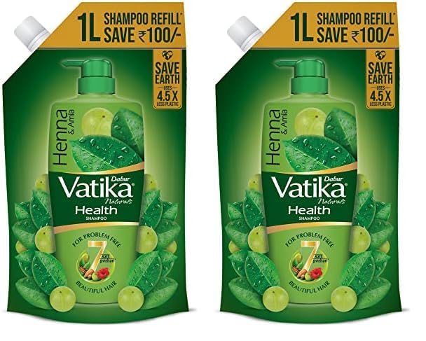 Image of Dabur Vatika Health Shampoo - 1L (Refill Pouch) | With 7 natural ingredients | For Smooth, Shiny & Nourished Hair | Repairs Hair damage, Controls Frizz | For All Hair Types | Goodness of Henna & Amla