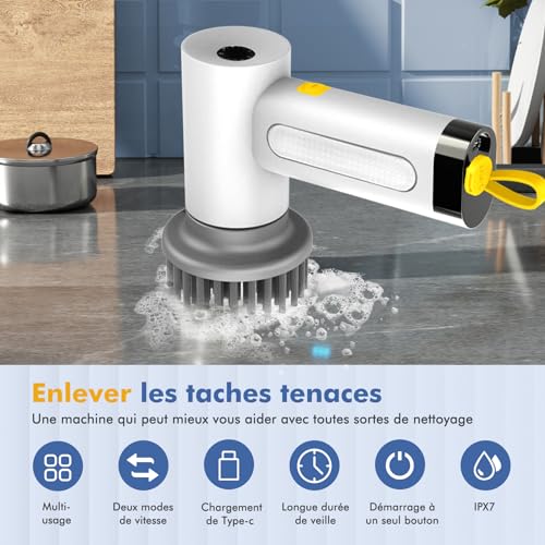 DIHOOM Brosse Nettoyage Electrique, Brosse Rotative Nettoyage avec 5 Têtes de Brosse Remplaçables et 2 Modes Brosse Electrique Nettoyage pour Salle de Bain, Cuisine, Voiture, Fenêtres – Image 6