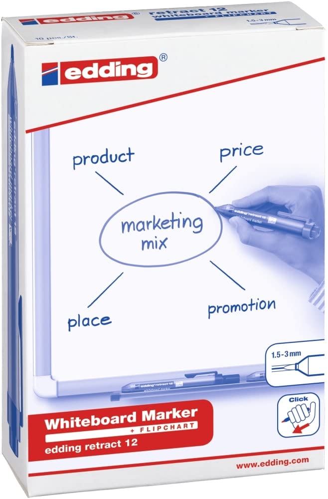 edding 12 Retract whiteboard Marker, Black, 10 whiteboard pens, Round Nib 1.5-3 mm, Capless Design - Image 3