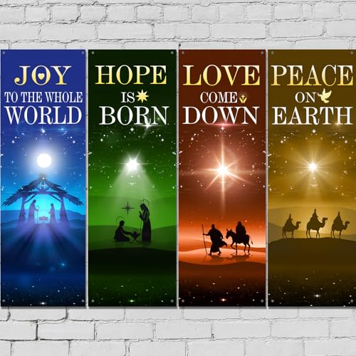 Hahafelt 4 Pcs Advent Church Banners for Sanctuary Wall 2 x 6 ft Nativity Scene Banner Easter Religious Hanging Sign for Schools Church Easter Nativity Decor