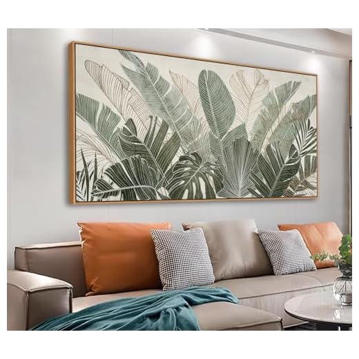 tigeridge Framed Canvas Wall Art - Tropical Green Leaf Pictures Banana Leaves Outlined in Green and Taupe Wall Decor Nature Botanical Painting Prints Artwork Home Office 20" x 40" Natural Frame