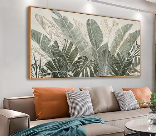tigeridge Framed Canvas Wall Art - Tropical Green Leaf Pictures Banana Leaves Outlined in Green and Taupe Wall Decor Nature Botanical Painting Prints Artwork Home Office 20' x 40' Natural Frame