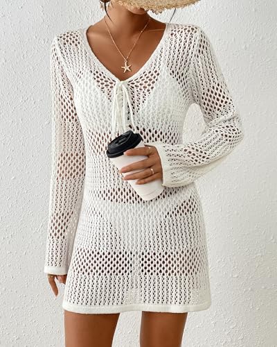 Image of Bsubseach Women Swimsuit Crochet Coverup Long Sleeve V Neck Beach Dress