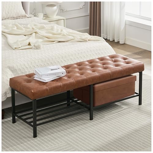 SOFTHION 55.5' End of Bed Bench, Modern Leather Button Tufted Bedroom Bench, Upholstered Storage...
