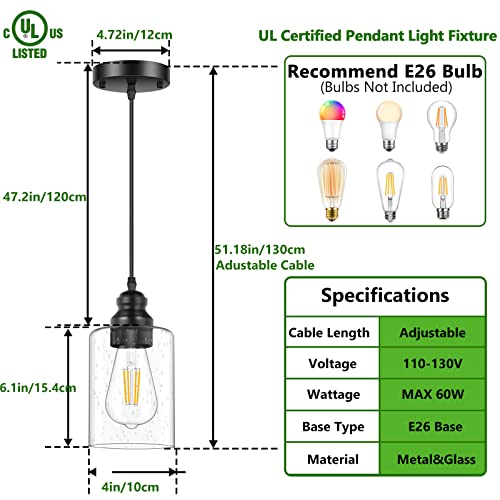Licperron Industrial Glass Pendant Lighting, Adjustable Hanging Light Fixtures with Seeded Glass Shade, Modern Farmhouse Vintage Mini Black Hanging Ceiling Lamp for Kitchen Bedroom Hallway, 3-Pack - Image 3
