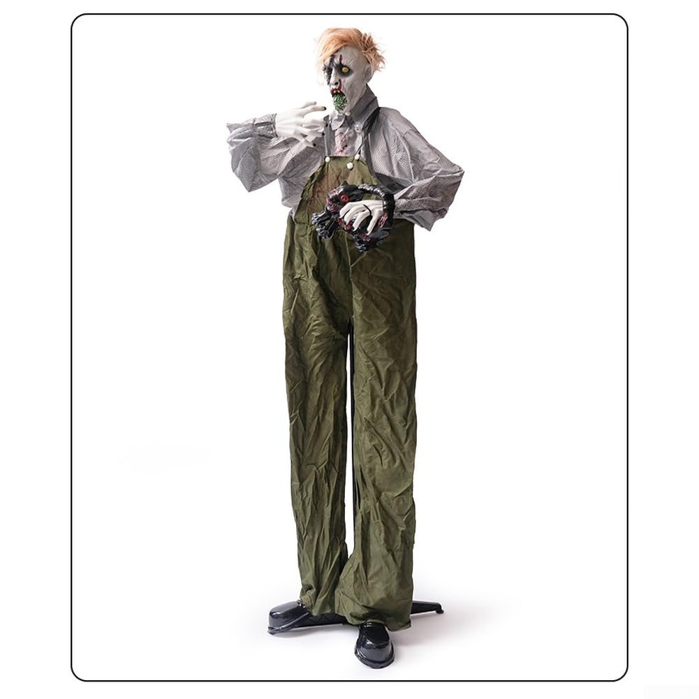 Zombi animado de Halloween con sensor de movimiento, figura de terror de cabeza giratoria de 190 cm de alto, ojos brillantes y efectos de sonido espeluznantes, tamaño real para decoración de patio al