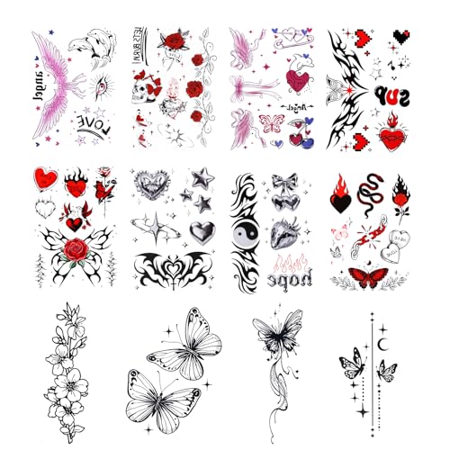 AOMENTTC 12 Sheets Red & Black Aesthetic Temporary Tattoos for Women, Realistic Matte Rose Butterfly Snake Skull Body Art, Waterproof Long Lasting for Festivals, Y2K Parties & Vacations