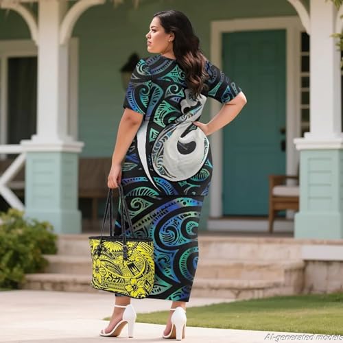 Image of Polynesian Dress for Women Short Sleeve High Waist Maxi Skirt | Puletasi dress, t-shirt and skirt two-piece, elastic material, lightweight, soft, plus size, luau party, wedding, clubwear