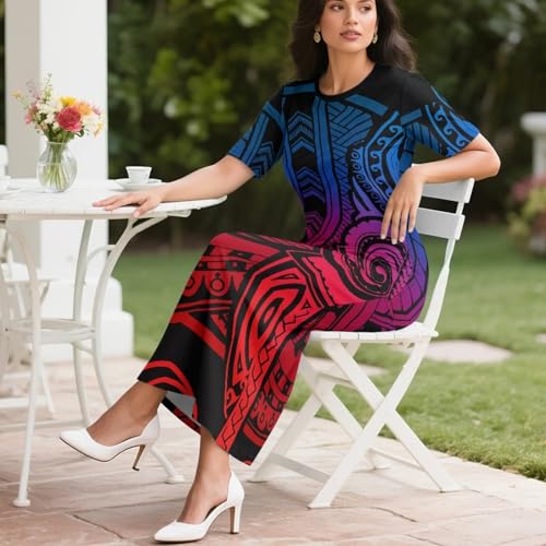 Image of Puletasi Samoan Traditional 2 Piece Outfits for Women Short Sleeve Crop Top and Maxi Skirt Sets Puletasi Dress