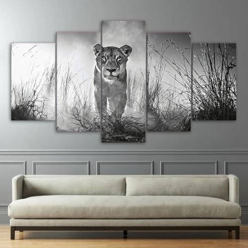 Grand tableau decoration murale salon animaux noir et blanc moderne triptyque 5 pièces