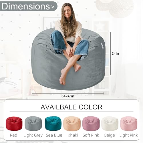 HABUTWAY Bean Bag Chair 3Ft Luxurious Velvet Ultra Soft Fur with High Rebound Memory Foam Bean Bag Chairs for Adults Plush Lazy Sofa with Fluffy Sponge 3' (Light Grey)