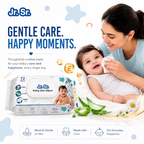 Image of Jr. Sr. Baby Wipes With Lid | 72 Wipes x Pack of 3, 216 Wipes | Safe & Moist Wet Wipes for Babies | Prevents Rashes & Redness with Goodness of Aloe Vera, Vitamin E & Chamomile Oil | No Paraben & No Alcohol
