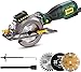 Scie Circulaire, TECCPO 3500RPM Petite Scie Circulaire, 710W, Guide Laser, Max Profondeur de Coupe 42mm(90°), 28mm(45°), 3 Lames pour Couper du Bois, Carrelage, Métal Mou- TPMS115A