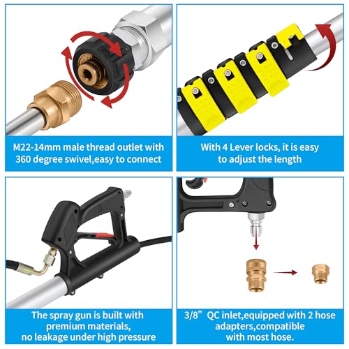 24 FT Telescoping Pressure Washer Wand Extension, Aluminum Power Washer Extension Wand with Brush Head, 7 Nozzle Tips, 3 Adapters & Support Harness, Gutter Cleaning Tools for 2 Story House by EXTRAFEIN - Image 5