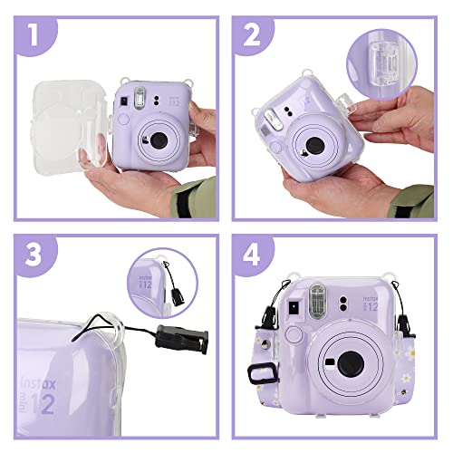 Transparent Camera Case Compatible With Fujifilm Instax Mini 12 Instant Camera - Mini 12 Camera Case, Cute Pattern Shoulder Strap And Pattern Stickers, And 64 Pocket Album (Purple) #TOP4