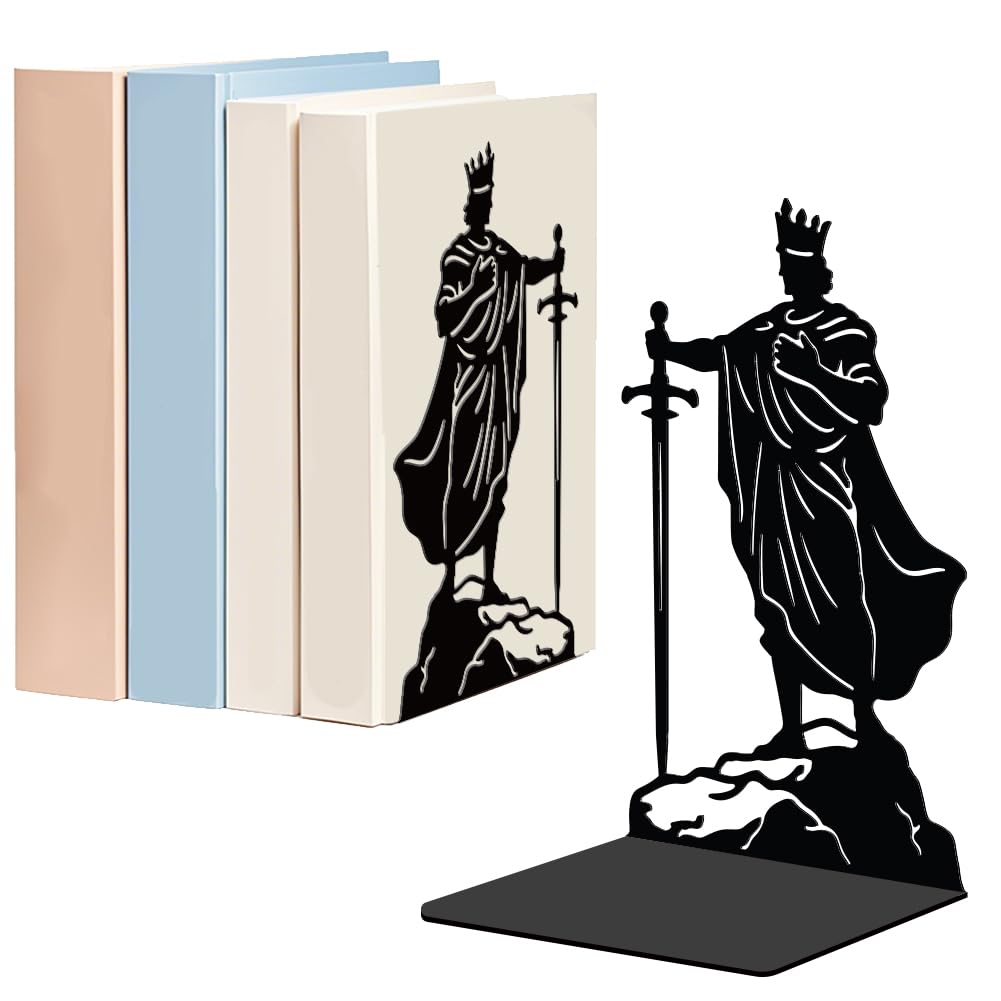 WADORN 1 Pair King & Sword Metal Decorative Bookend for Shelves, Heavy Duty Book Ends Modern Non-Skid Books Holder Stand Black Book Support Stoppers for Desk Bookshelf Office Home, 5.3x4.3x7.8 Inches