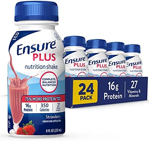 Ensure Plus Nutrition Shake with 16 Grams of High-Quality Protein, Meal Replacement Shakes, Strawberry, 8 Fl Oz, 24 Count