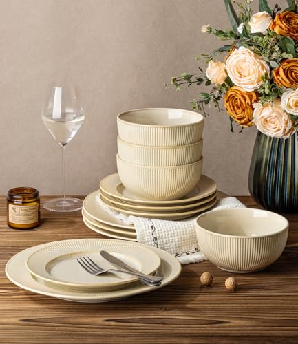 Image of TheTerra Ceramic Dinnerware Sets for 4, 12 Pieces Porcelain Lightweight Plates and Bowls Sets, Scratch Resistant Dish Set, Oven, Microwave & Dishwasher Safe, Cream Latte