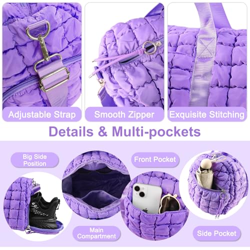 Image of Quilted Travel Duffle Bag Gym Bag for Women,Large Puffer Duffle Weekender Bag with Compartment,Workout Overnight Carry on Organizer Bag Duffle Bag for Airplane Travel(L-Purple)