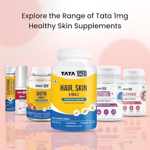 Image of Tata 1mg Hair, Skin & Nails Supreme Biotin Capsule with Collagen, Zinc, Iron and Vitamin B, For Men & Women, Pack of 60