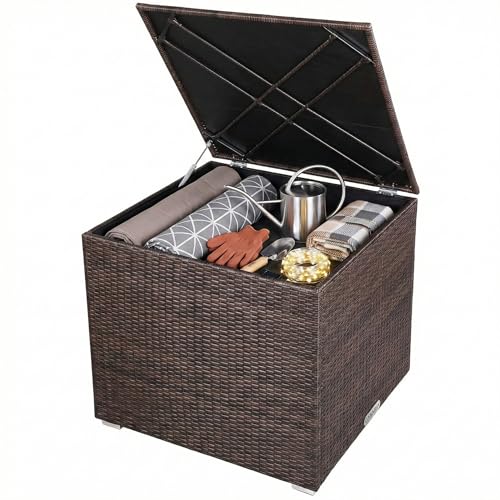 CASARIA® Polyrattan Garden Cushion Storage Box With Lid | 318 Litre Capacity 75x75x70cm | Waterproof Weatherproof Outdoor Shoe Organiser Parcel Chest | Gas Pressure Lifting Spring | Brown