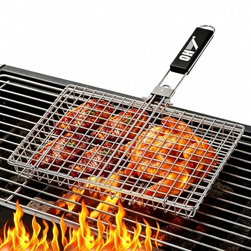 QH7 Robuster Edelstahl-Grillkorb für Camping & BBQ Faltbarer tragbarer Grillrost mit abnehmbarem Griff Antihaft-Netz für Fisch Gemüse Garnelen Burger & mehr