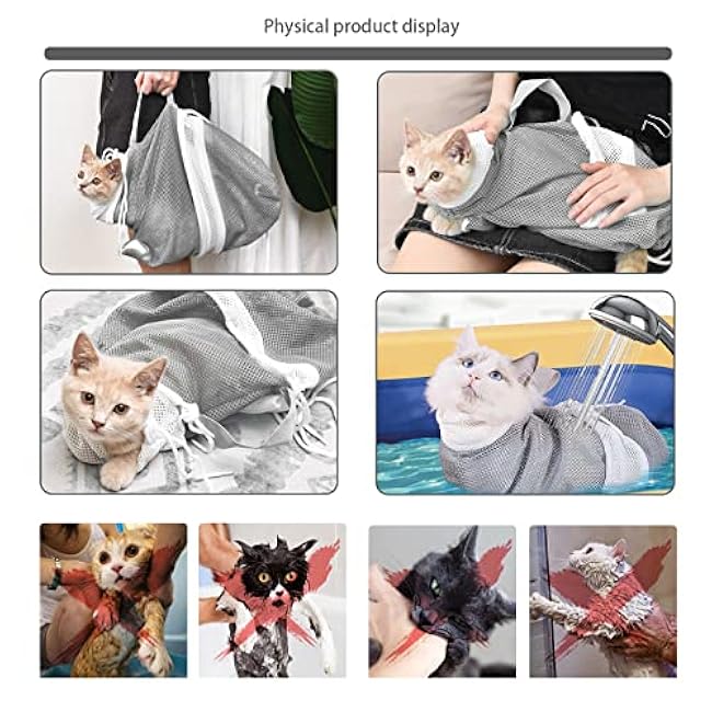 Adjustable Multifunctional Anti-Bite Shower Net, Cat Grooming Mesh Bag, Bath Brush and Pet Finger Toothbrush - B-Grey-5gNW0W9B