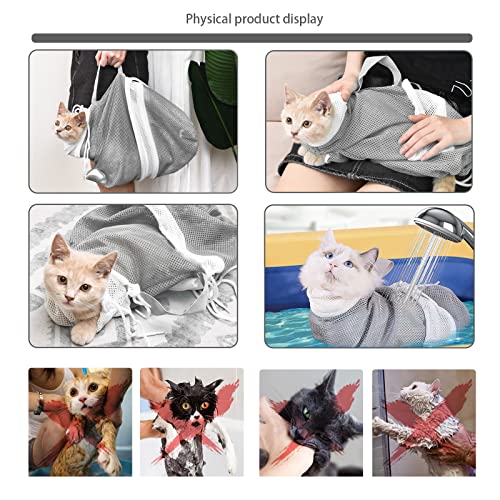 Image of Adjustable Multifunctional Anti-Bite Shower net Bag，Cat Grooming Mesh Bag, Cat Bathing Bag，Cat Bath Brush and Cat Nail Clipper