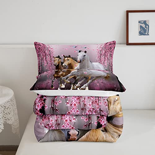 Girls Horse Full Size Comforter Set Cherry Blossom Galloping Horse Bedding Set For Kids Boys Teens Western Horse Duvet Comforter Floral Animal Decor Horse Gifts For Girls Quilt Set Bedroom 3Pcs,Pink #TOP4