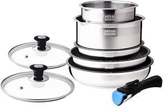 Arthur Martin - Batterie de Cuisine 8 Pièces en Acier Inoxydable avec Poêles et Casseroles, Revêtement Antiadhérent, Poignée Amovible, Tous Feux dont Induction, Couleur Argent
