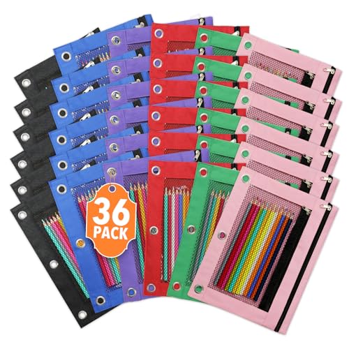 Image of 36Pcs Pencil Pouch for 3 Ring Binder - Pen Case 3 Hole Pencil Pouch Zipper Bag Holder Bulk Accessories Clear Window Aesthetic Organizer Pockets