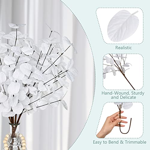 Bleum Cade 6Pcs 24" Tall White Artificial Eucalyptus Stems With Wood Bead Garland, Fake White Flowers, Faux Silver Dollar Eucalyptus Leaves Branches For Vase Flower Arrangement Farmhouse Home Decor #TOP1