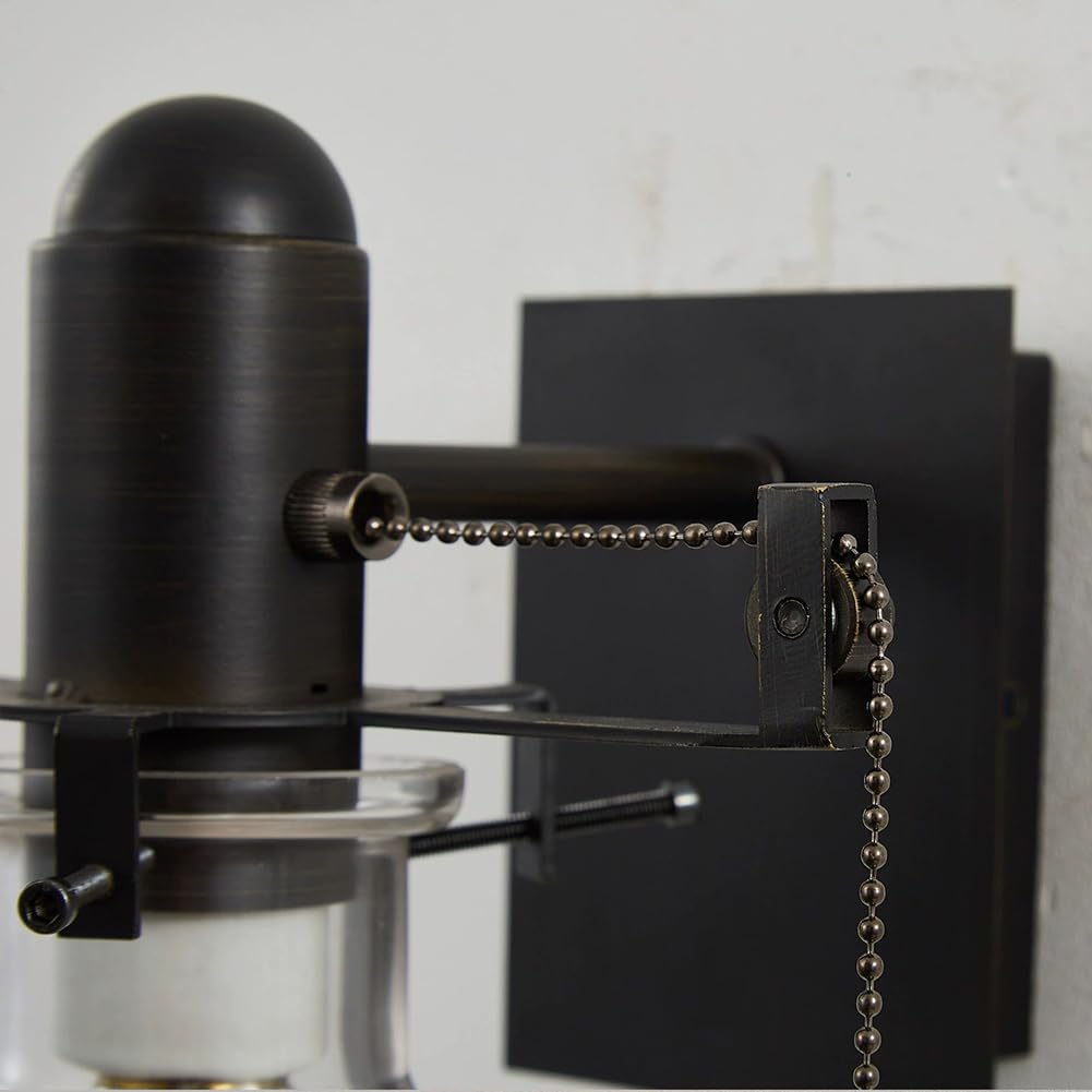 Retro Wandlampe mit Zugschalter Glas Schirm Innen Wandleuchte Schalter Schwarz Metall Vintage Industrie Wand Leselampe E27 Fassung Rustikal für Wohnzimmer Korridor Schlafzimmer