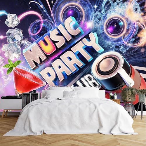 Custom Size Wall Murals,Music Party Club Neon 3D Text Cocktail Glass Speaker Dynamic Background,Self-Adhesive Wall Covering Fabric (NO PVC),Removable Wallpaper for Living Room Bedroom Kids
