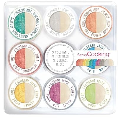 ScrapCooking - 9 Colorants de Surface Irisés - Colorants Alimentaires en Poudre - Doré, Argenté, Or Rose, Bleu, Vert - Effet Métallique - Pour Pâtisserie, Gâteaux, Macarons - 4274