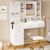Tocador Vanity con Espejo Luz LED Mueble para Maquillaje Vintage con Heces Estación de Carga Escritorio con 4 Cajones y...