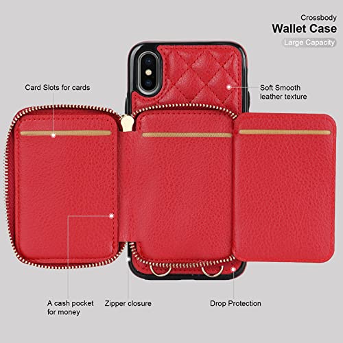 Bocasal Crossbody Wallet Case for iPhone X Xs, RFID Blocking PU Leather Zipper Handbag Purse Flip Cover, Kickstand Folio Case with Card Slots Holder Wrist Strap Lanyard 5.8 Inch (Red) by Bocasal - Image 8